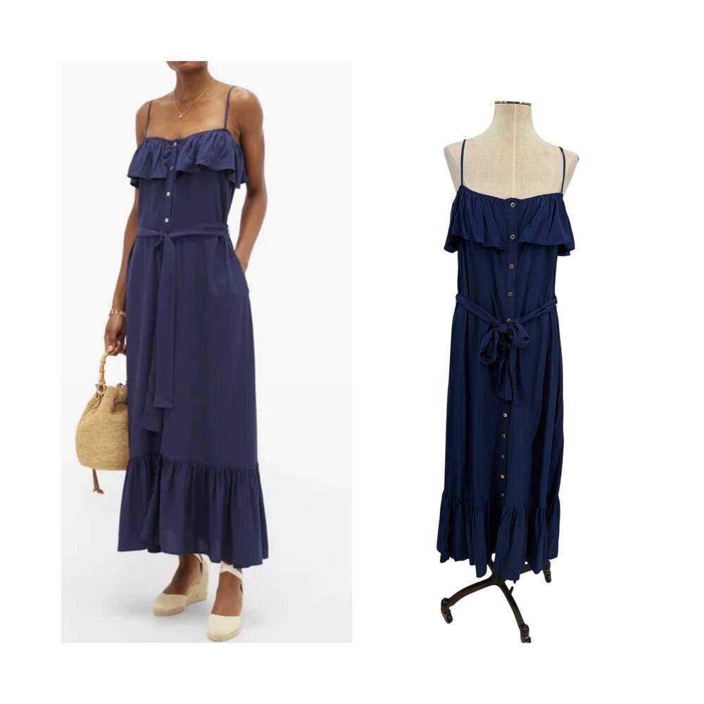 Melissa Odabash Kyla Ruffle Button Front Belted Maxi Dress Navy NWT Size Medium